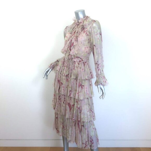 Zimmermann Winsome Tiered Midi Dress Light Pink Floral Crinkled Chiffon Size 1 - Picture 3 of 9